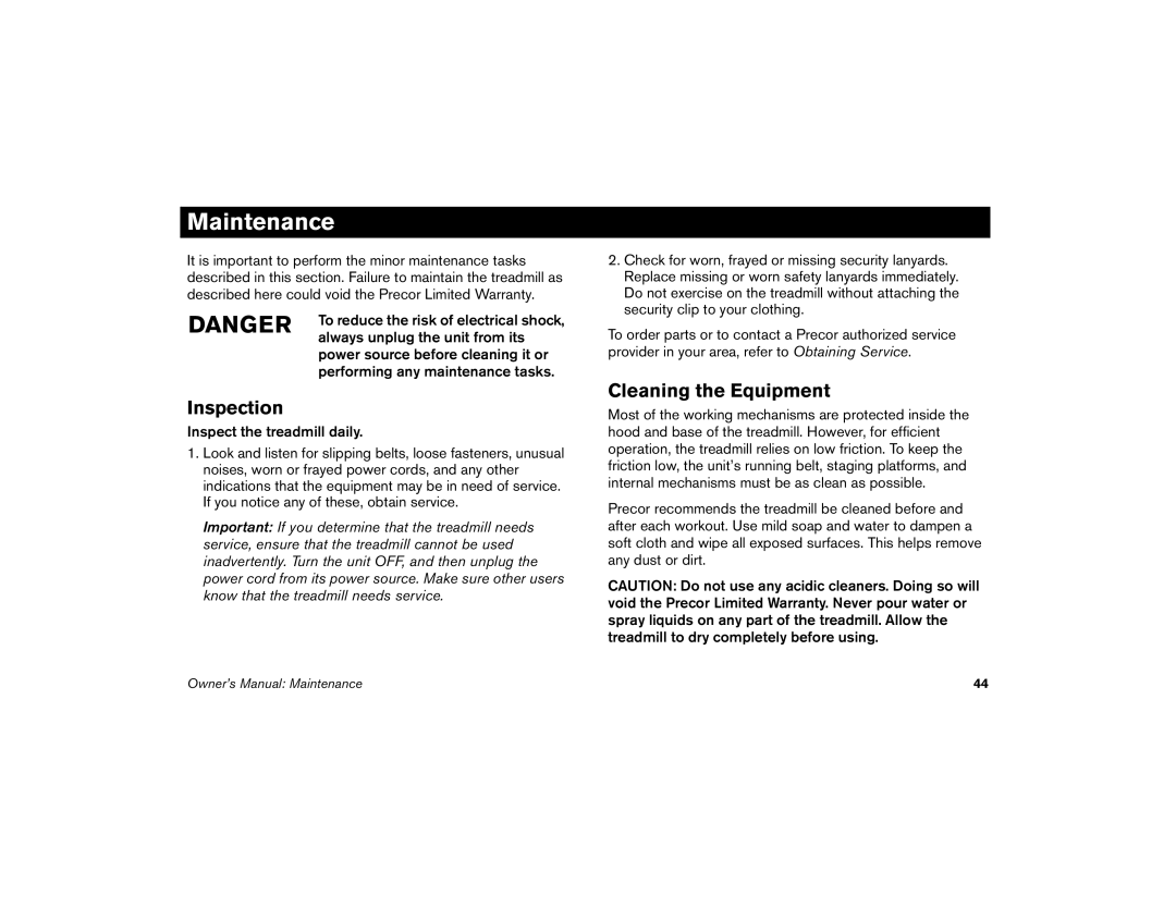 Precor M9.33 manual Inspection, Cleaning the Equipment 