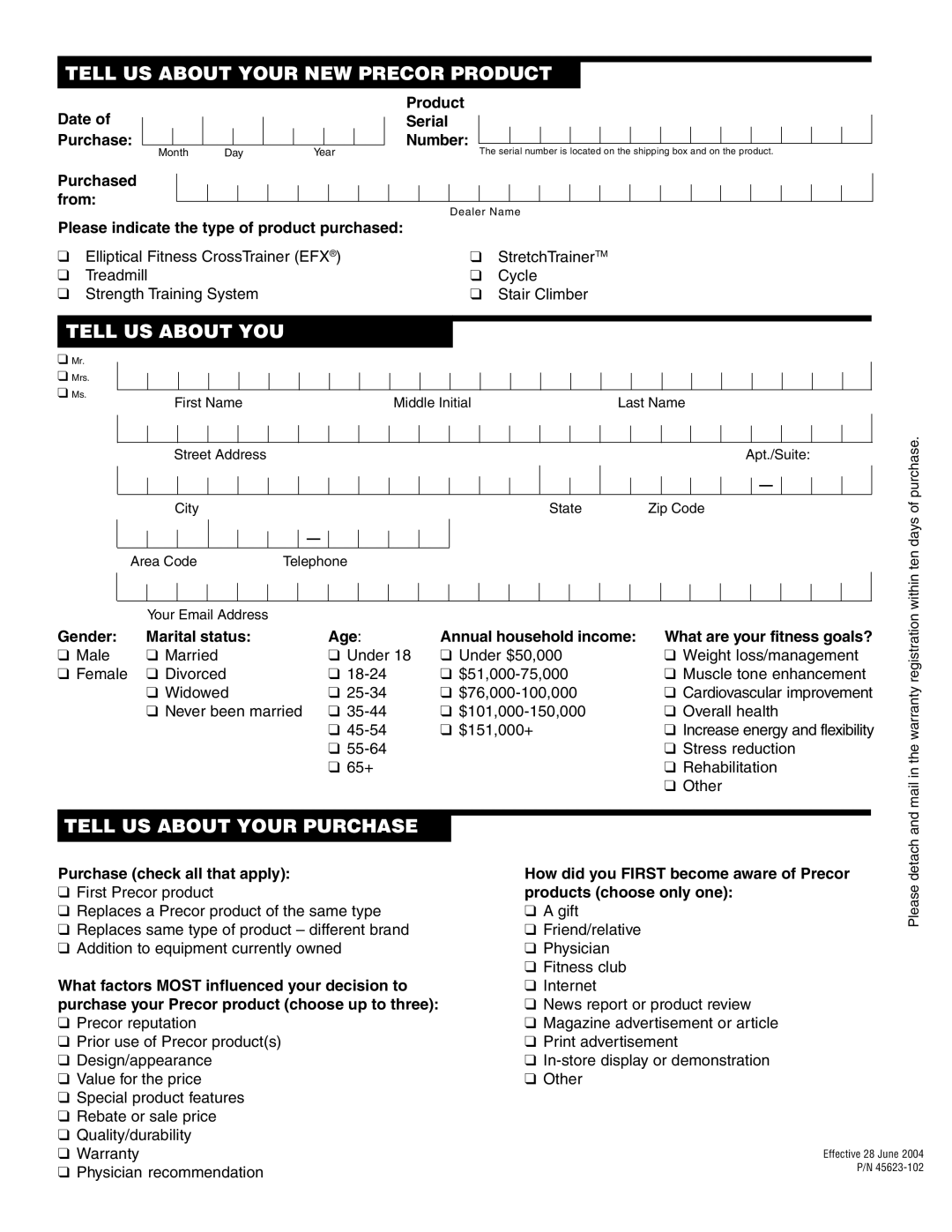 Precor M9.33 manual Tell US about Your NEW Precor Product 