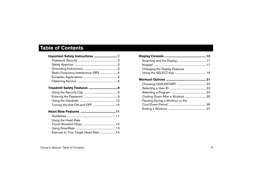 Precor M9.33 manual Table of Contents 