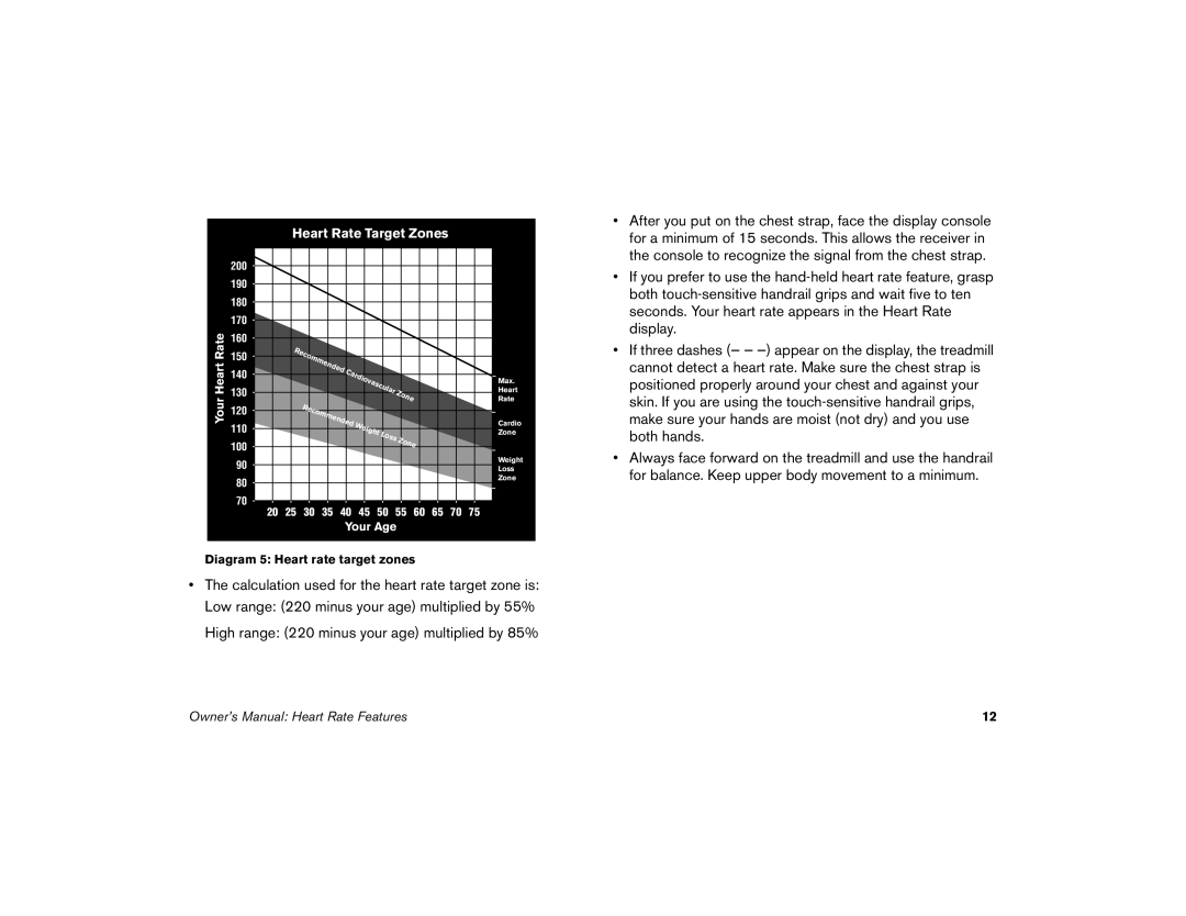 Precor M9.35I manual High range 220 minus your age multiplied by 85%, Heart Rate Target Zones 