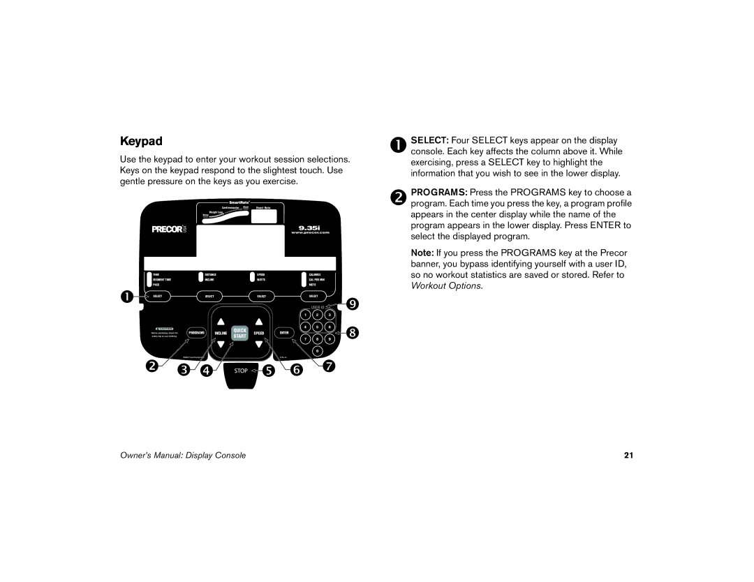 Precor M9.35I manual Keypad, 353i 