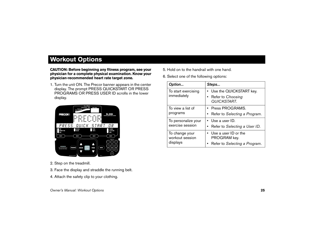 Precor M9.35I manual Workout Options 