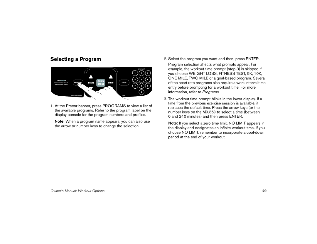 Precor M9.35I manual Selecting a Program 