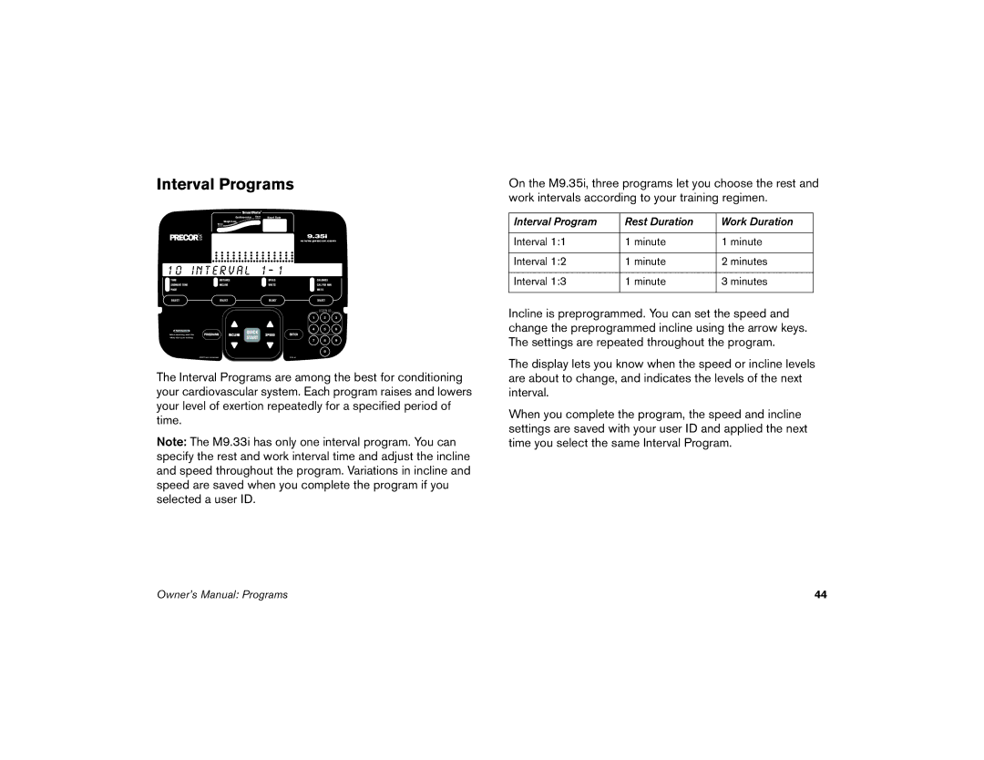 Precor M9.35I manual Interval Programs, N t e r v a l 1 