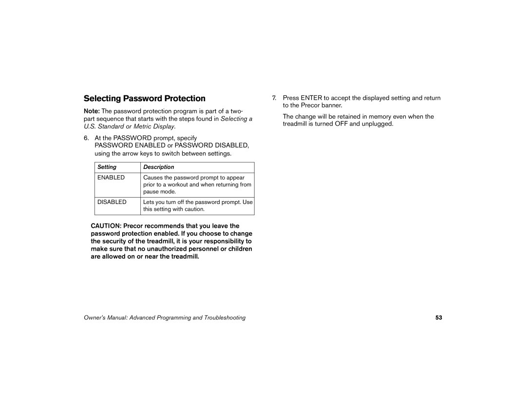 Precor M9.35I manual Selecting Password Protection 