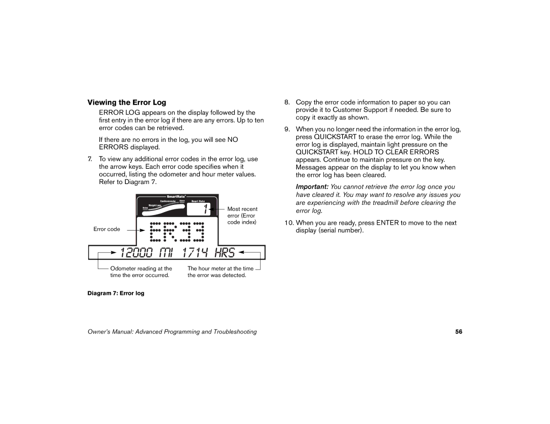 Precor M9.35I manual 12000 MI 1714 HrS, Viewing the Error Log 