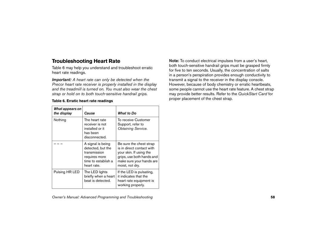 Precor M9.35I manual Troubleshooting Heart Rate, Erratic heart rate readings 