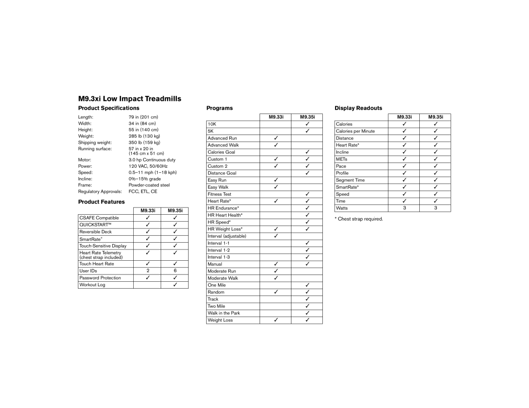 Precor M9.35I manual M9.3xi Low Impact Treadmills, Product Specifications 