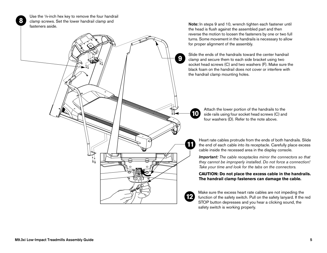 Precor M9.35I manual Handrail clamp fasteners can damage the cable 