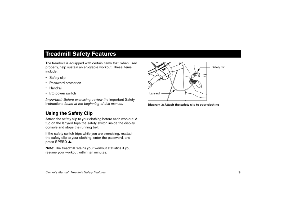 Precor M9.35I manual Treadmill Safety Features, Using the Safety Clip 