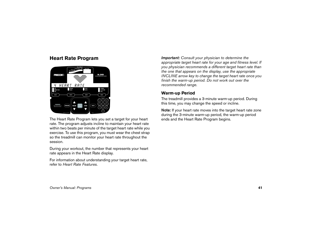 Precor M9.35I manual Heart Rate Program, Warm-up Period 
