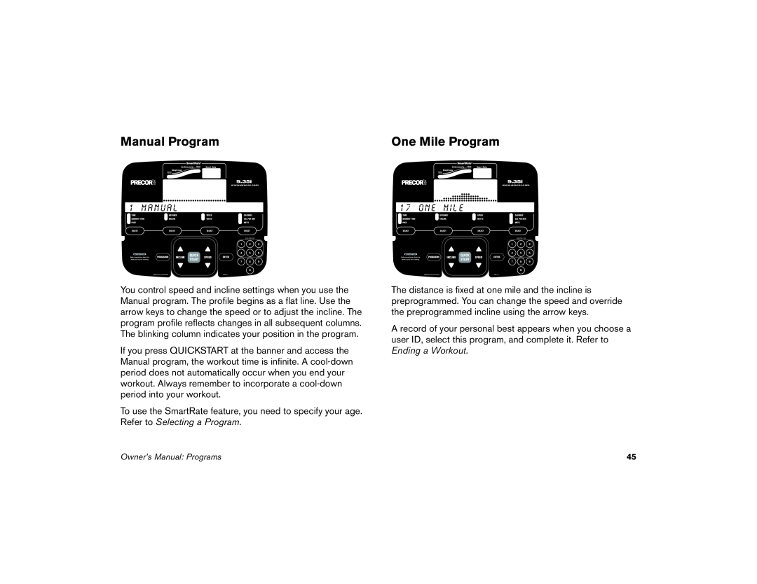 Precor M9.35I manual Manual Program, One Mile Program, m a n u a l, o n e, m i l e 