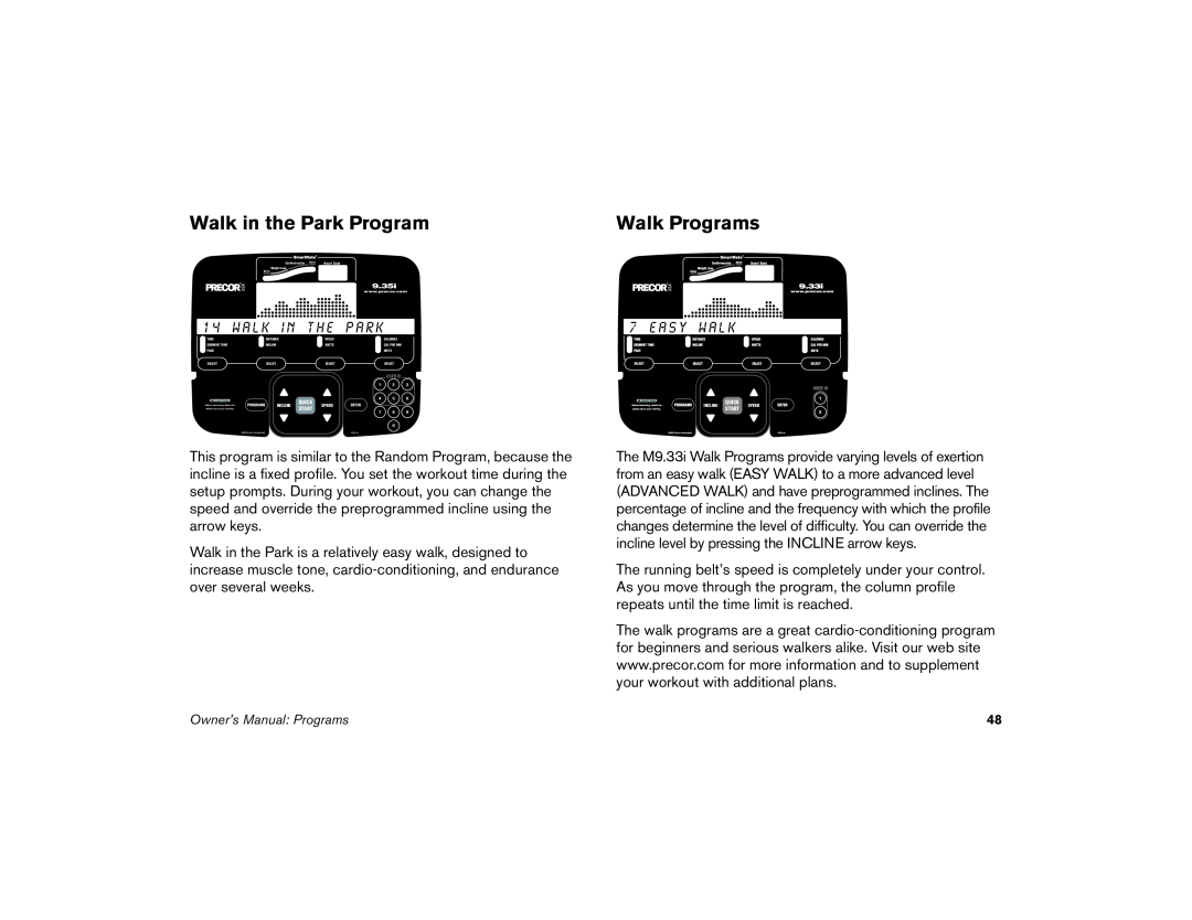 Precor M9.35I manual Walk in the Park Program, Walk Programs, E a s y w a l k 