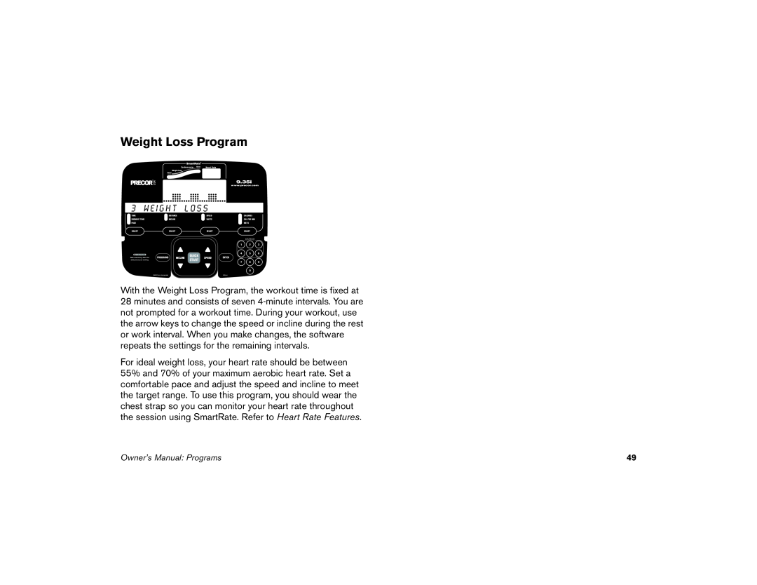 Precor M9.35I manual Weight Loss Program, w e i g h t l o s s 