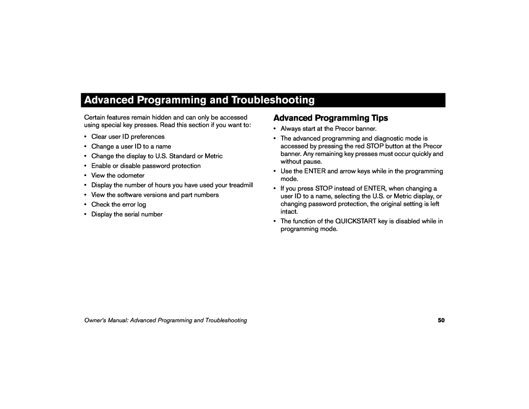 Precor M9.35I manual Advanced Programming and Troubleshooting, Advanced Programming Tips 
