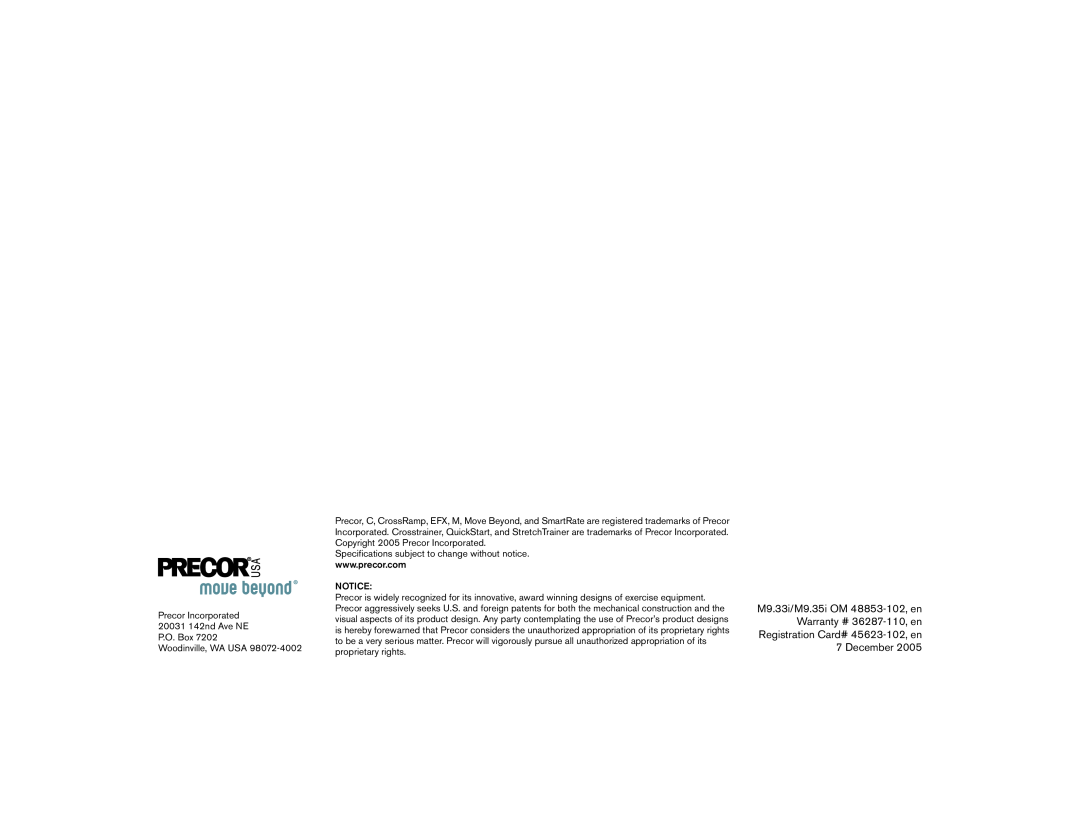 Precor M9.35I manual Precor Incorporated 20031 142nd Ave NE P.O. Box Woodinville, WA USA 