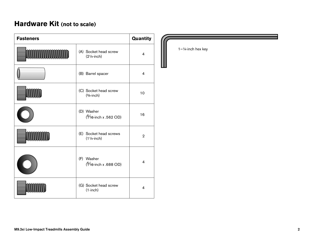 Precor M9.35I manual Fasteners, Quantity, Hardware Kit not to scale 