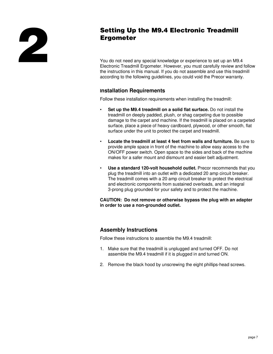 Precor Setting Up the M9.4 Electronic Treadmill, Ergometer, Installation Requirements, Assembly Instructions 