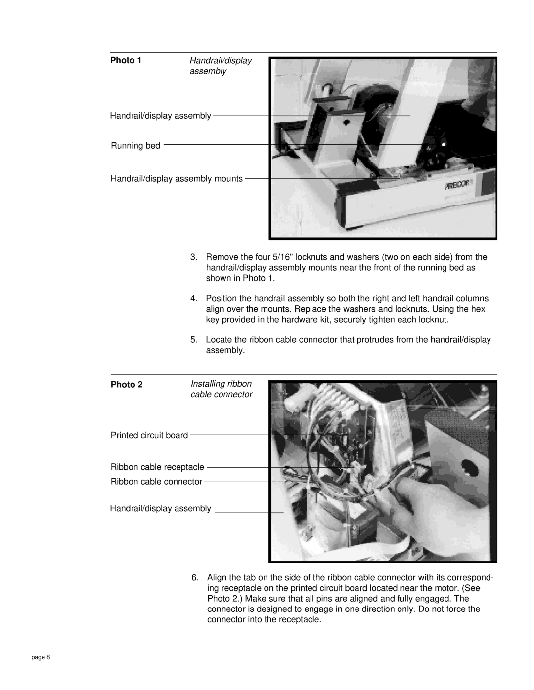 Precor M9.4 owner manual Handrail/display, Assembly, Installing ribbon Cable connector 