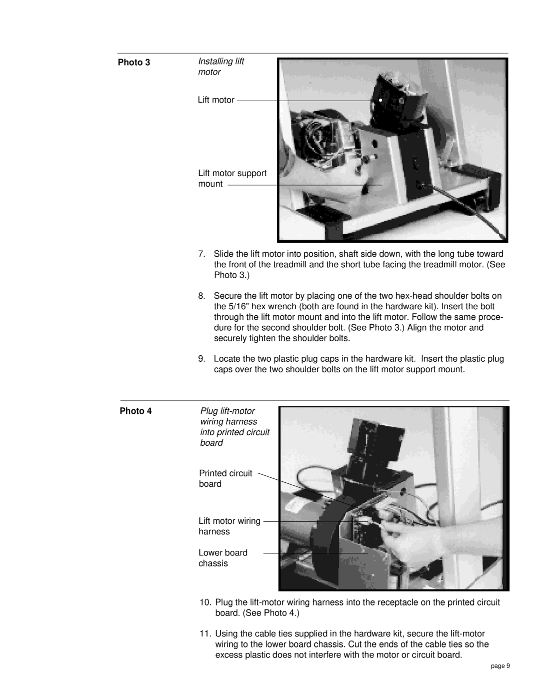 Precor M9.4 owner manual Installing lift, Motor, Lift motor, Plug lift-motor Wiring harness Into printed circuit Board 