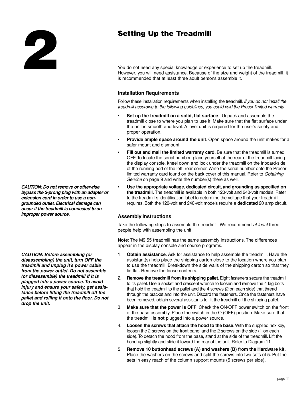 Precor M9.55 owner manual Setting Up the Treadmill, Installation Requirements, Assembly Instructions 