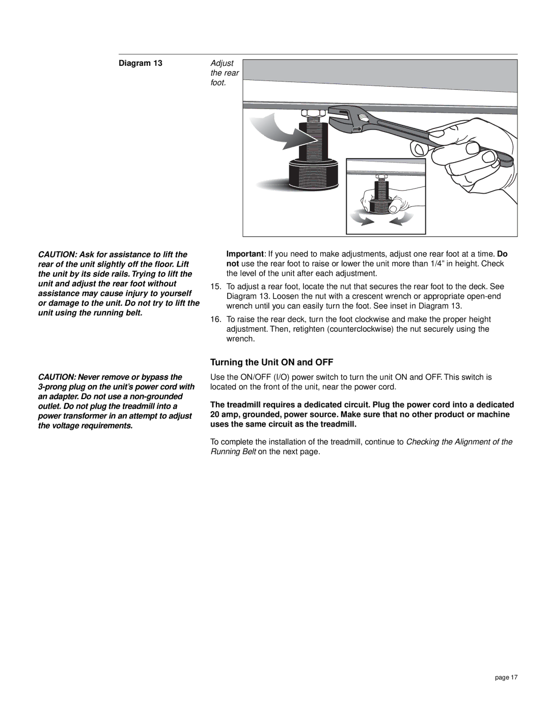 Precor M9.55 owner manual Turning the Unit on and OFF, Foot 