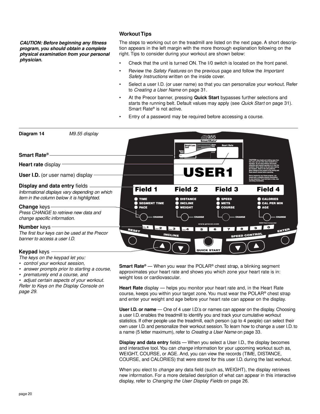 Precor M9.55 Workout Tips, Smart Rate Heart rate display, Display and data entry fields, Change keys, Number keys 