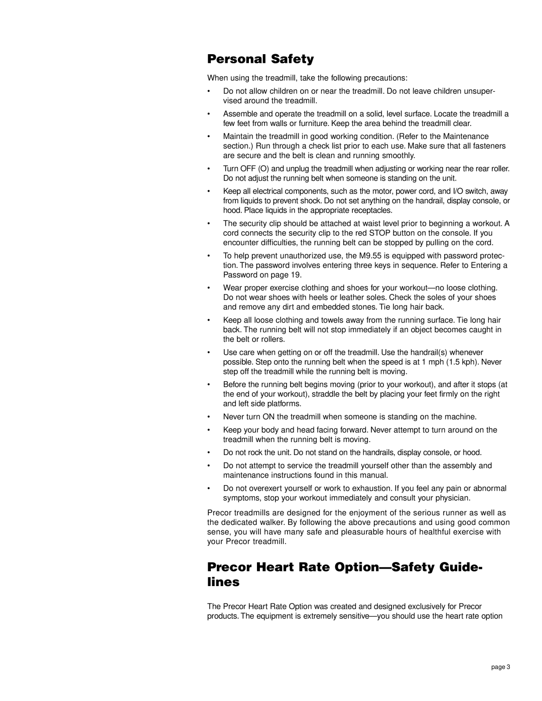 Precor M9.55 owner manual Personal Safety, Precor Heart Rate Option-Safety Guide- lines 