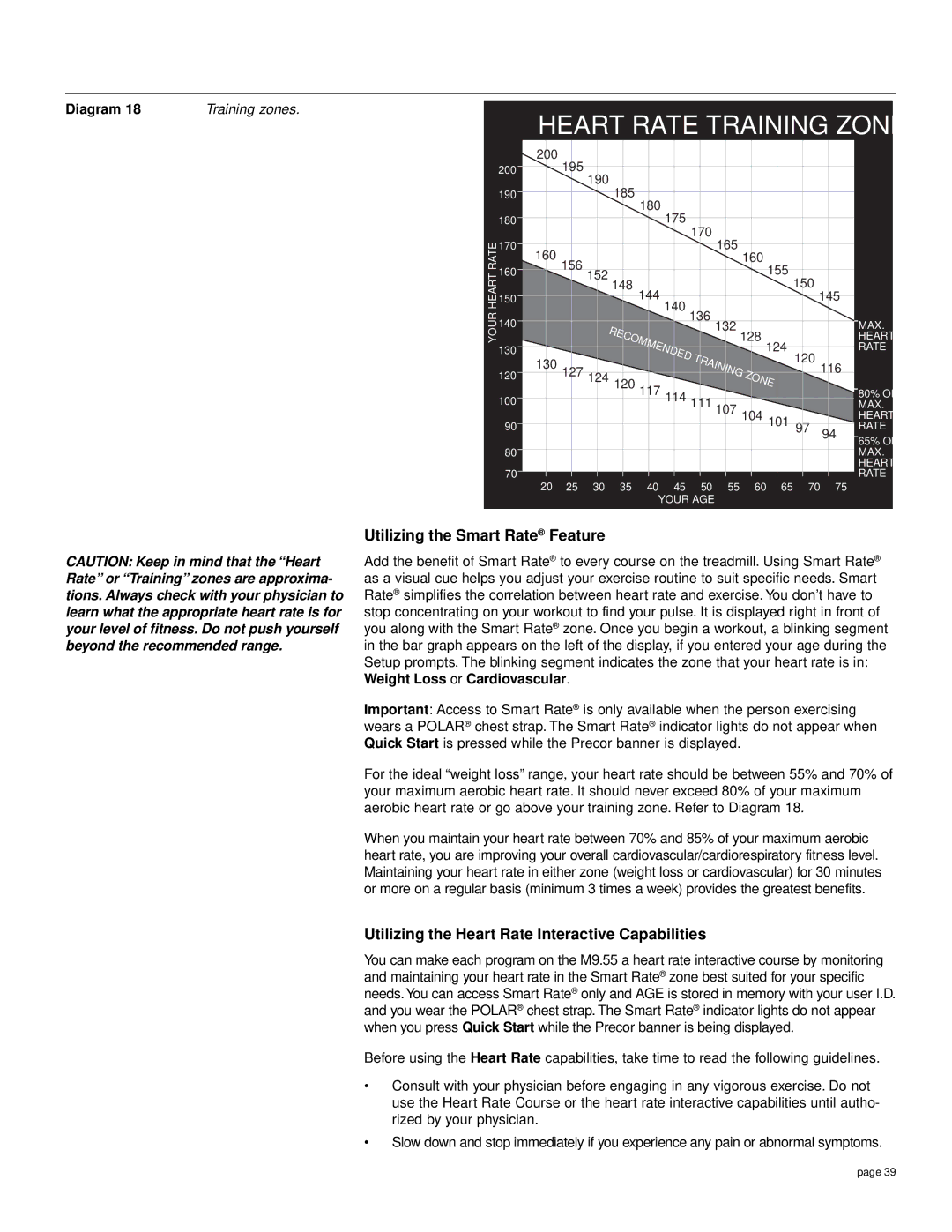 Precor M9.55 owner manual Utilizing the Smart Rate Feature, Utilizing the Heart Rate Interactive Capabilities 