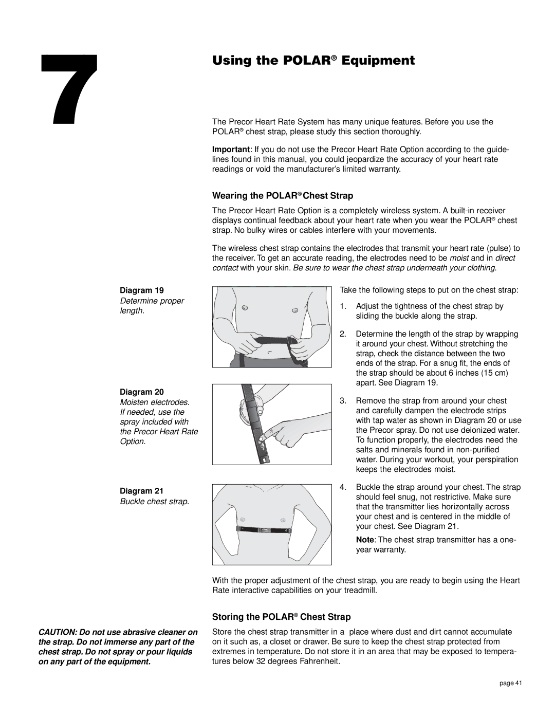 Precor M9.55 owner manual Using the Polar Equipment, Wearing the Polar Chest Strap, Storing the Polar Chest Strap 