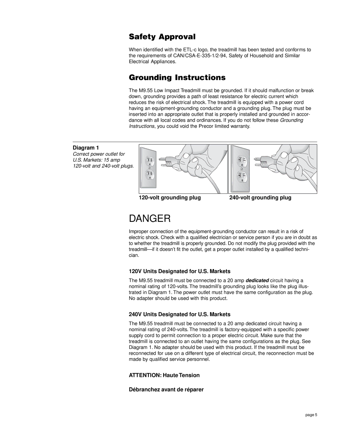 Precor M9.55 owner manual Safety Approval, Grounding Instructions 