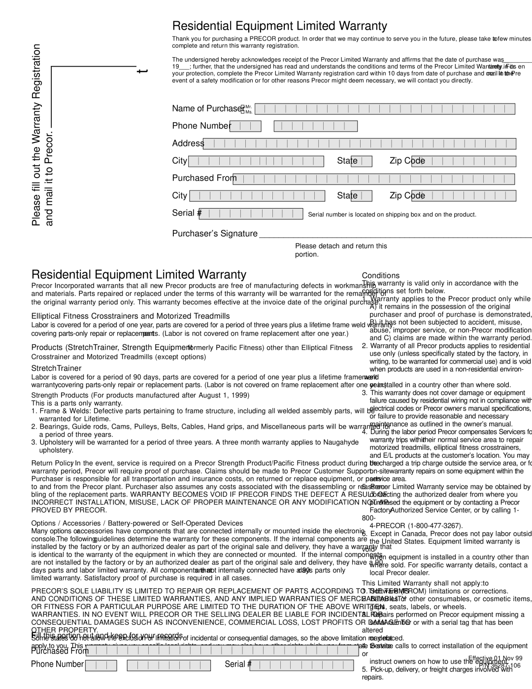 Precor M9.55 Residential Equipment Limited Warranty, Elliptical Fitness Crosstrainers and Motorized Treadmills, Conditions 