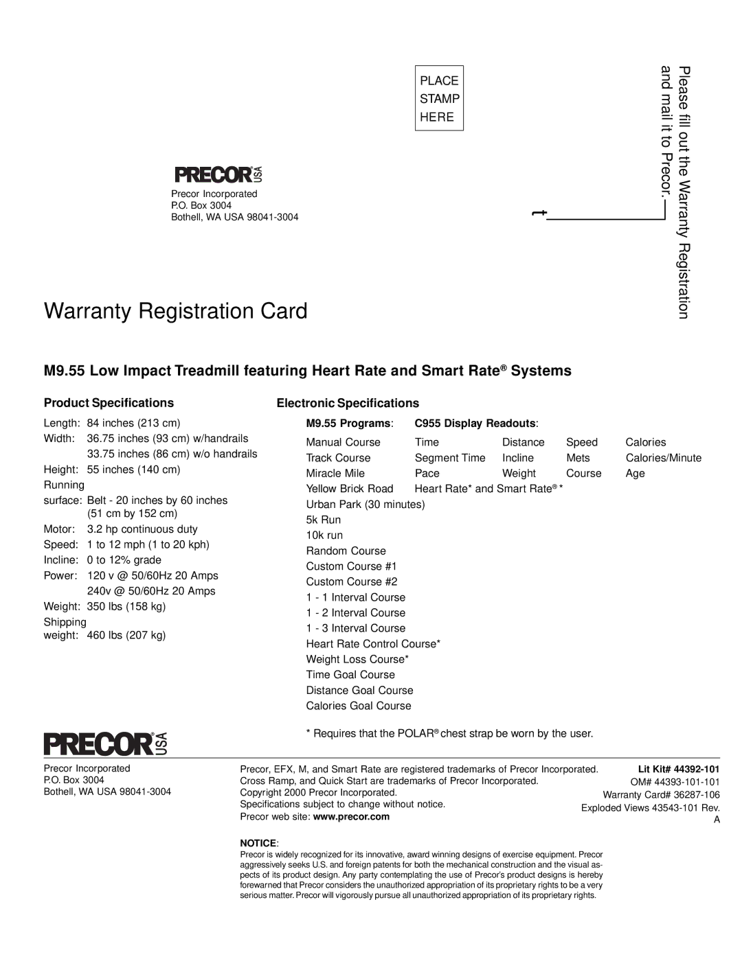 Precor owner manual Product Specifications, Electronic Specifications, M9.55 Programs C955 Display Readouts 