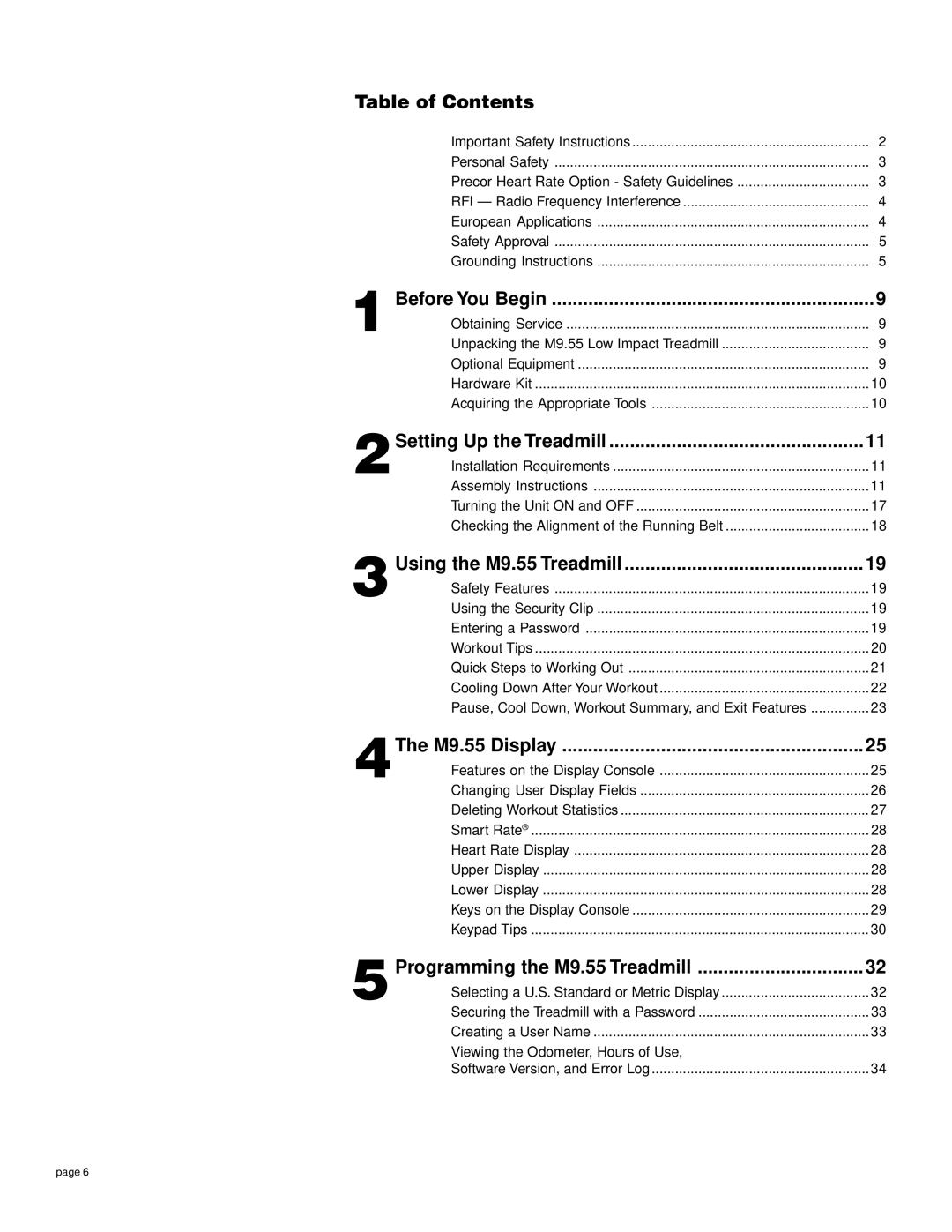 Precor M9.55 owner manual Table of Contents 