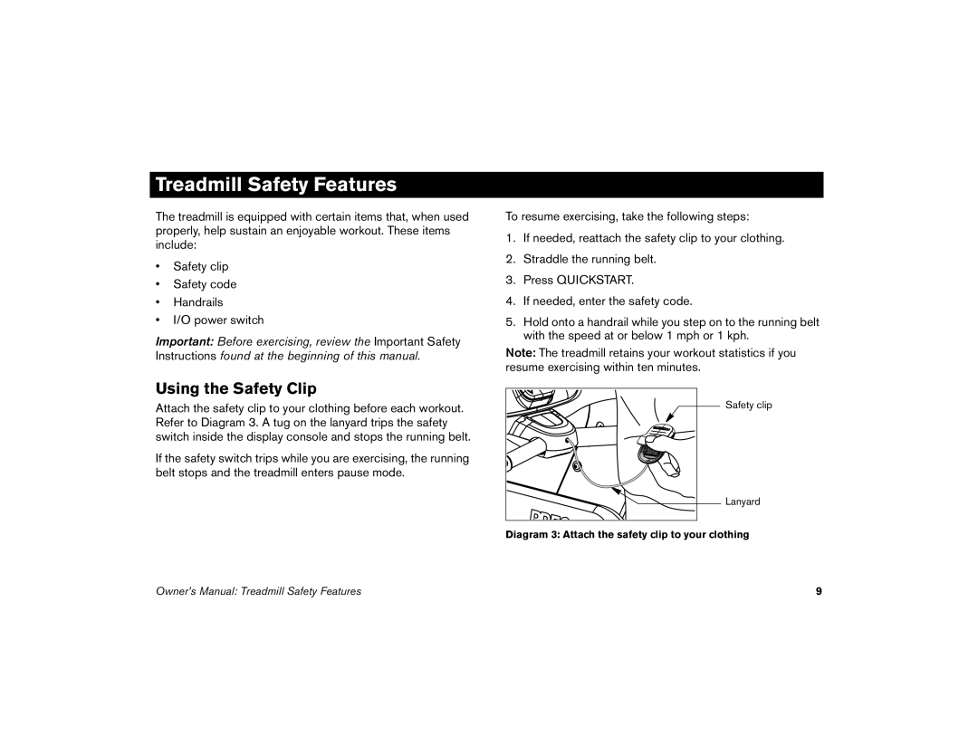 Precor M9.57 manual Treadmill Safety Features, Using the Safety Clip 