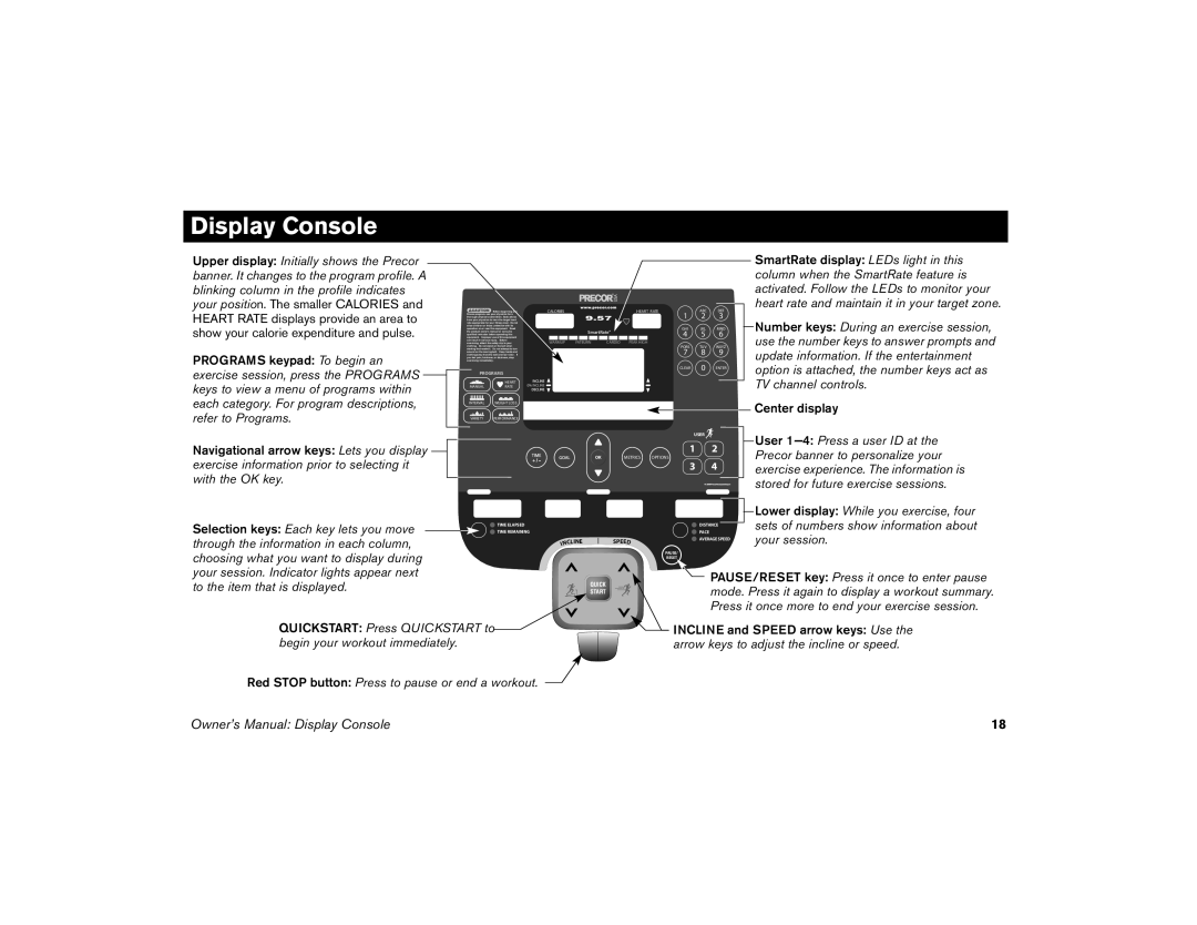 Precor M9.57 manual Display Console, Heart Rate displays provide an area to 