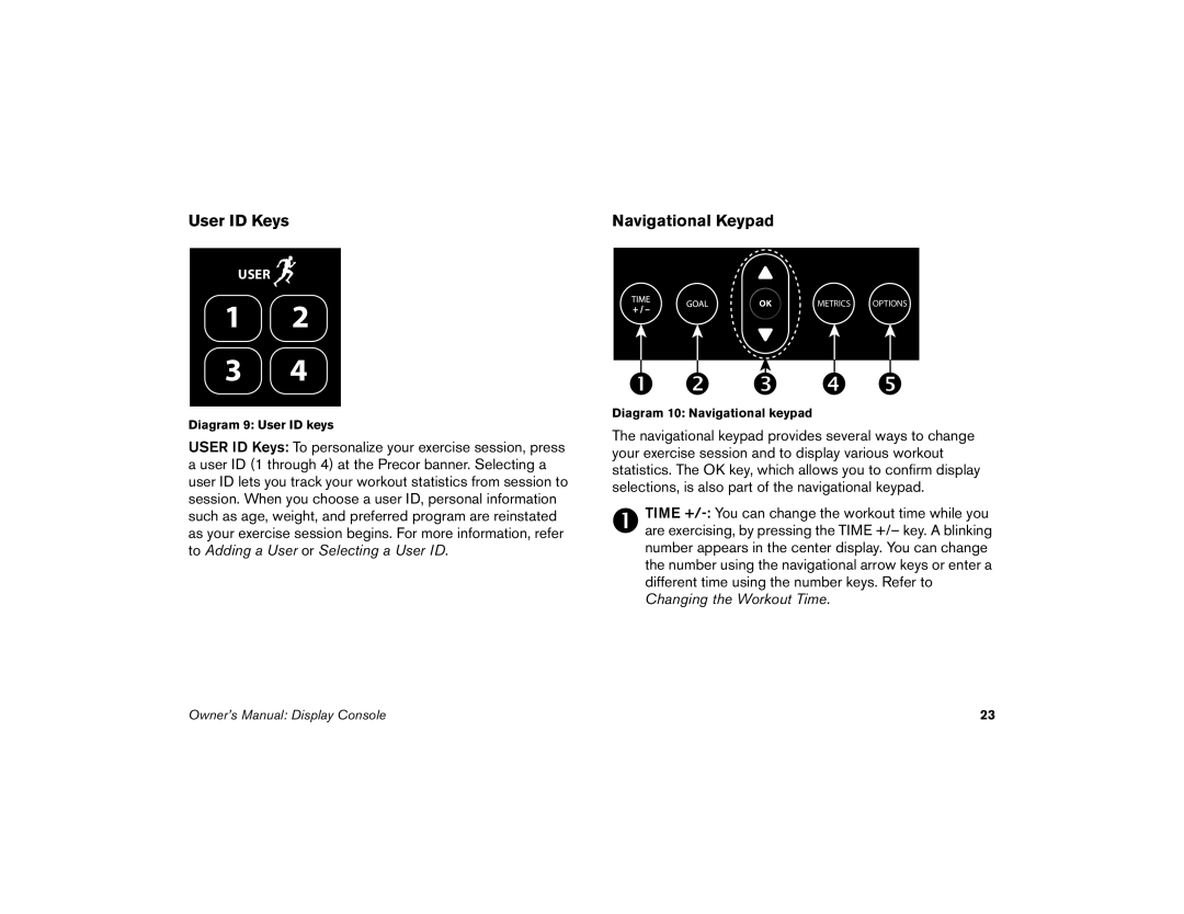 Precor M9.57 manual User ID Keys, Navigational Keypad 