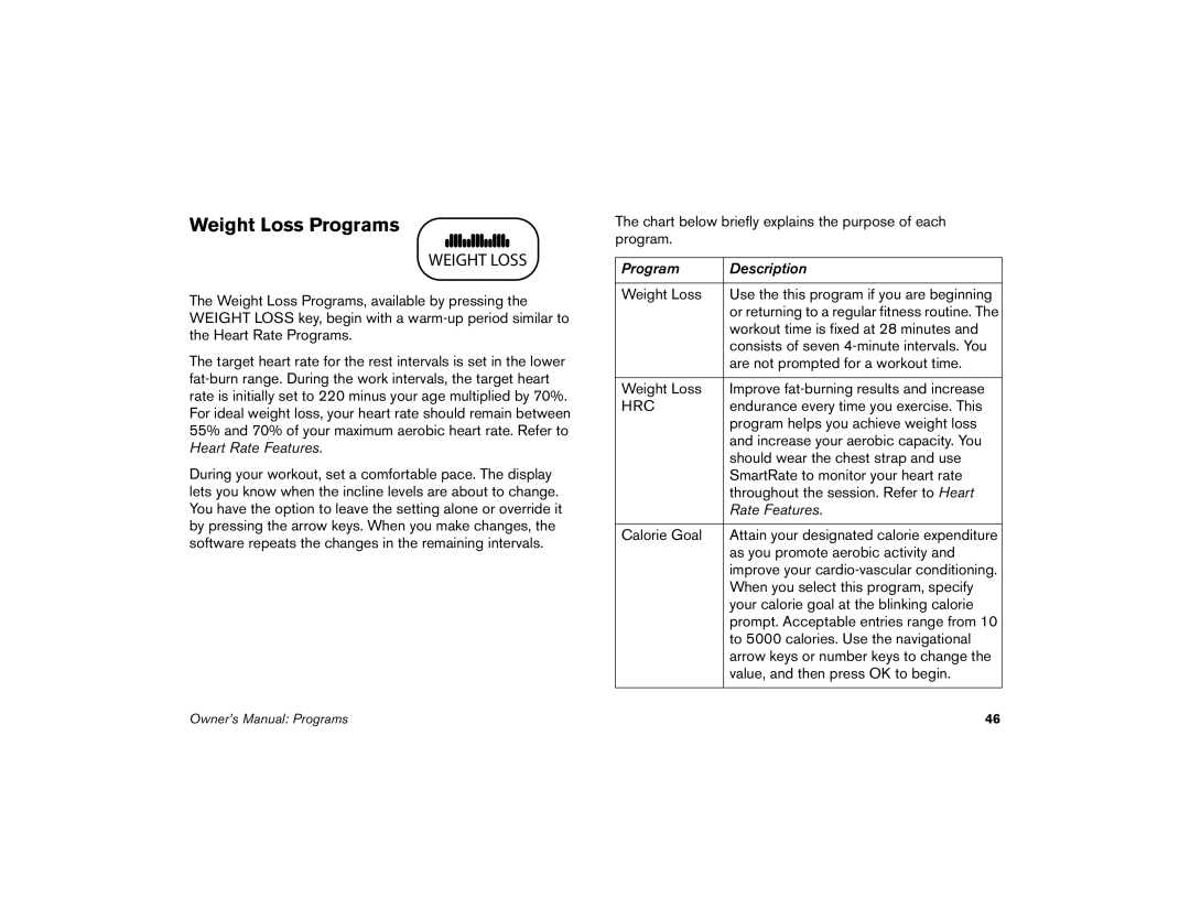 Precor M9.57 manual Weight Loss Programs 