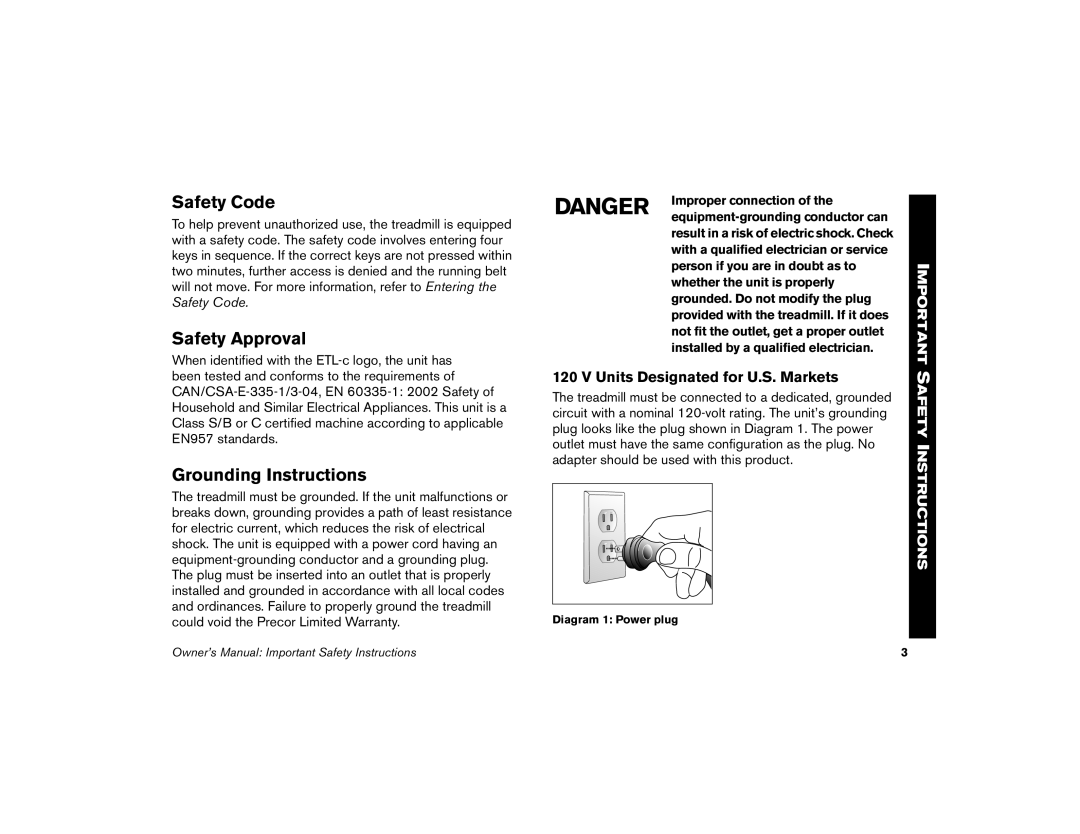 Precor M9.57 manual Safety Code, Safety Approval, Grounding Instructions, Units Designated for U.S. Markets 