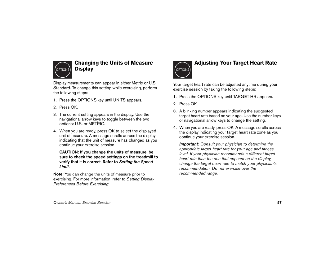 Precor M9.57 manual Changing the Units of Measure, Adjusting Your Target Heart Rate 