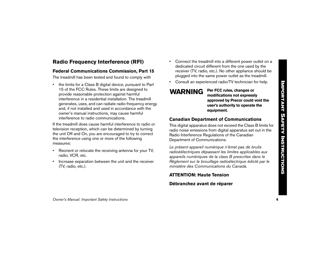 Precor M9.57 manual Radio Frequency Interference RFI, Federal Communications Commission, Part, Débranchez avant de réparer 