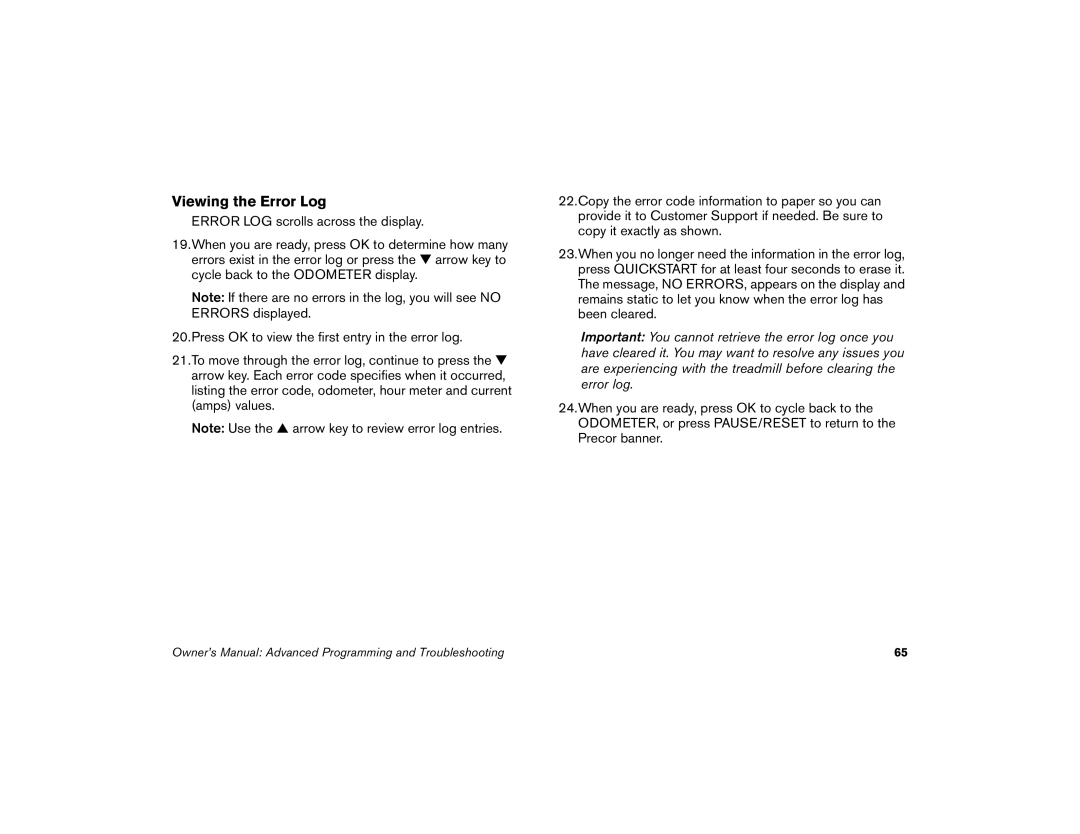 Precor M9.57 manual Viewing the Error Log 