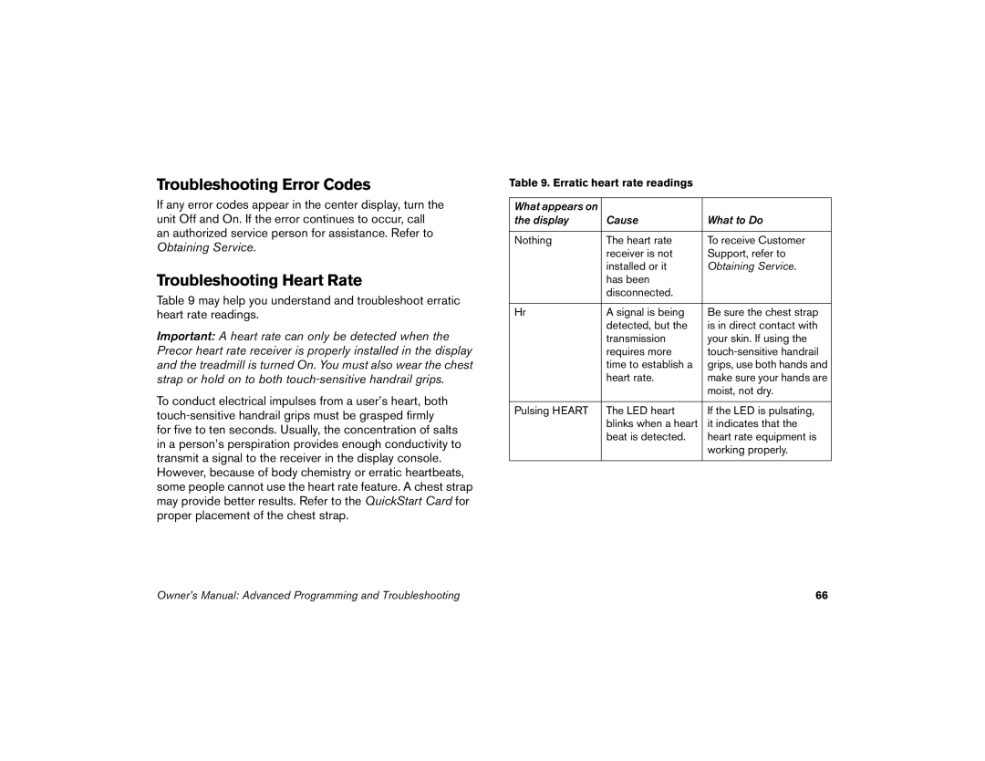 Precor M9.57 manual Troubleshooting Error Codes, Troubleshooting Heart Rate 