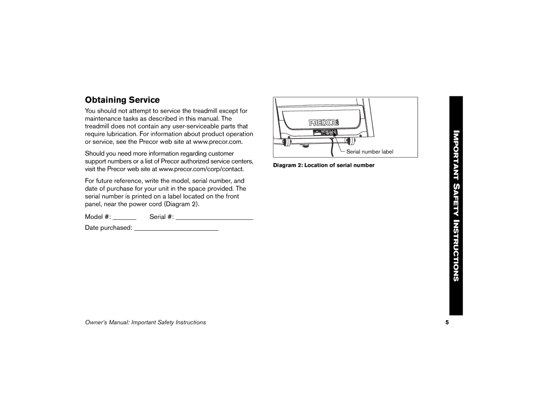 Precor M9.57 manual Obtaining Service 