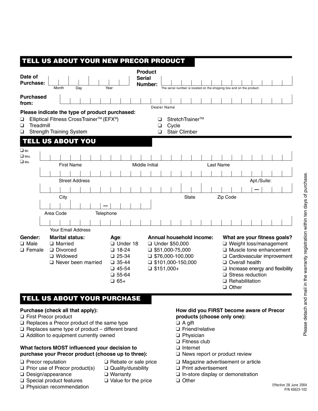 Precor M9.57 manual Tell US about Your NEW Precor Product 