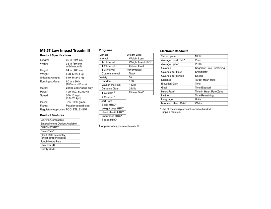 Precor manual M9.57 Low Impact Treadmill, Product Specifications 