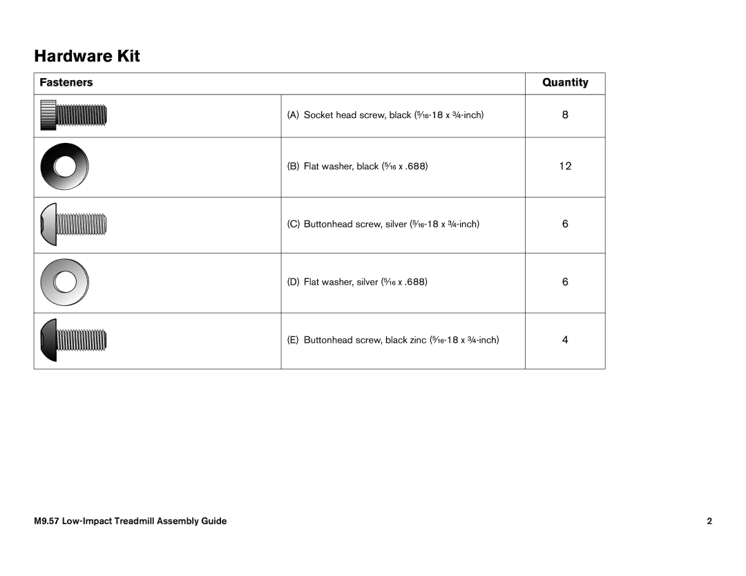 Precor M9.57 manual Hardware Kit 