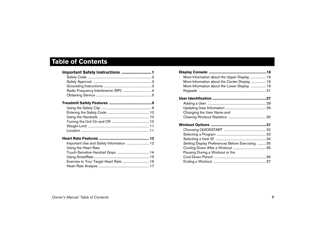 Precor M9.57 manual Table of Contents 