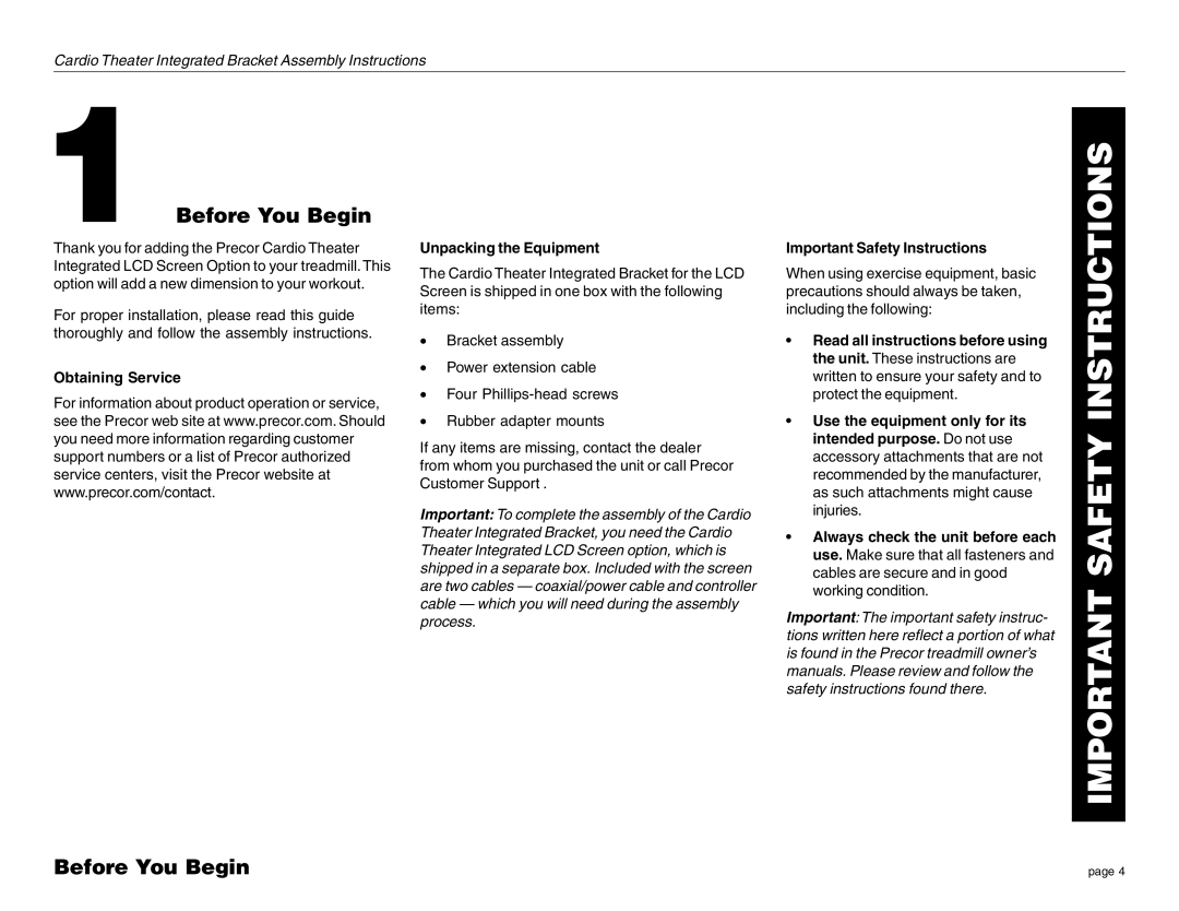 Precor none manual Before You Begin, Obtaining Service Unpacking the Equipment 
