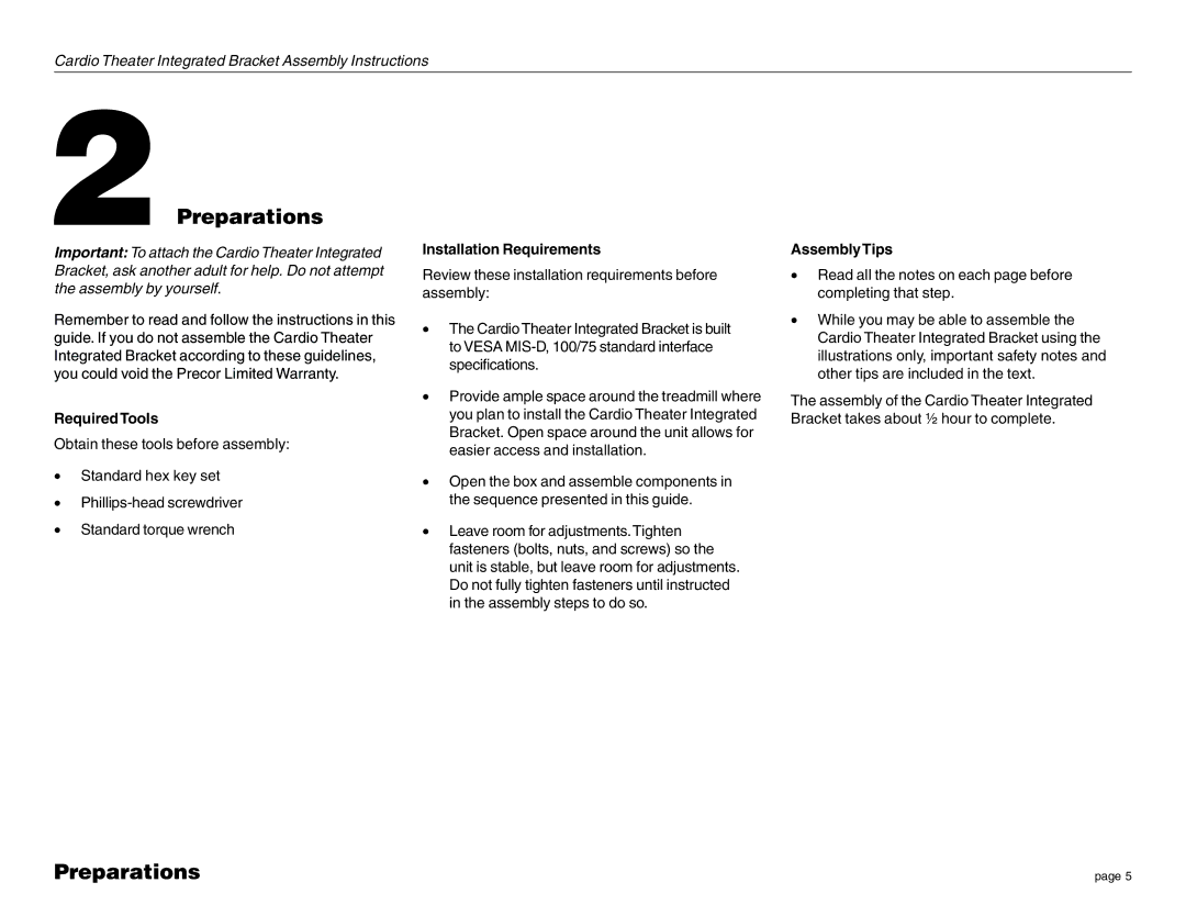 Precor none manual Preparations, RequiredTools 